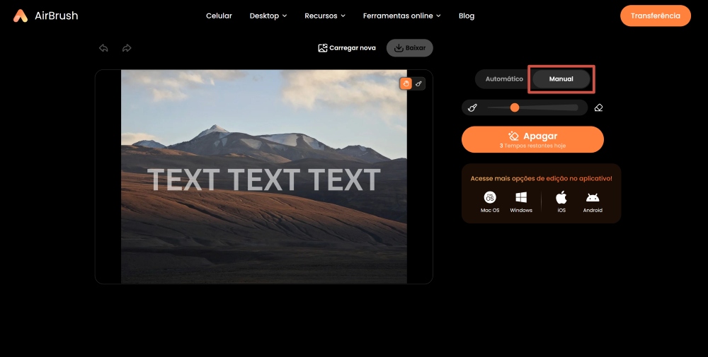 Airbrush Web Screenshot PT - AI Object Remover delete text manually