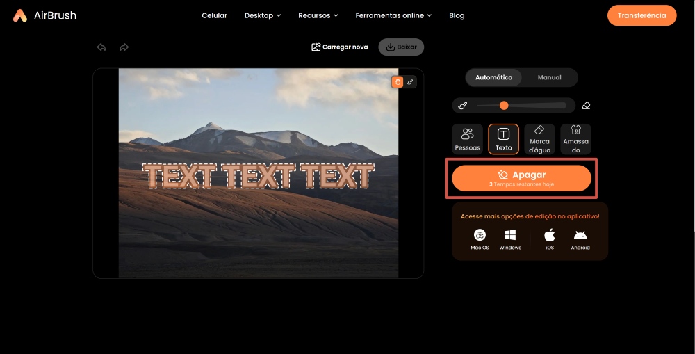 Airbrush Web Screenshot PT - AI Object Remover delete text
