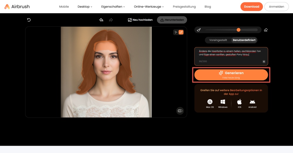 Airbrush Web Screenshot DE - change the hairstyle custom generate
