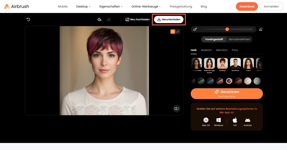 Airbrush Web Screenshot DE - change the hairstyle preset download the result