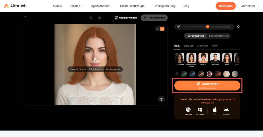 Airbrush Web Screenshot DE - change the hairstyle preset generate