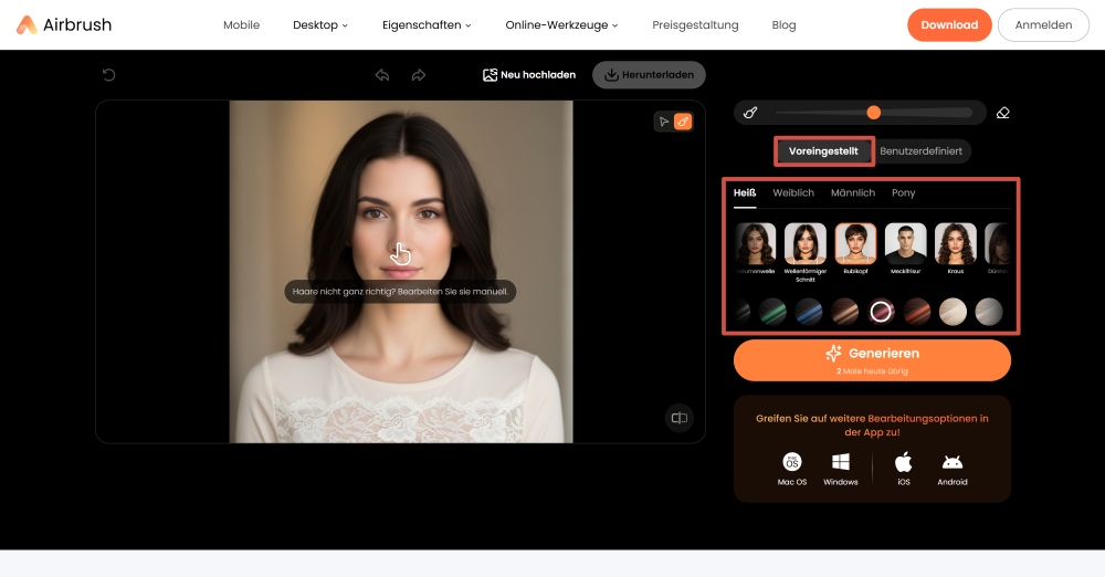 Airbrush Web Screenshot DE - change the hairstyle preset