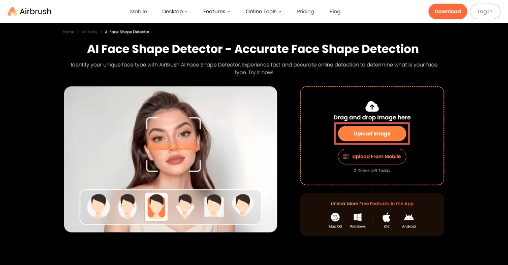 Airbrush Web Screenshot EN - face shape detector upload image