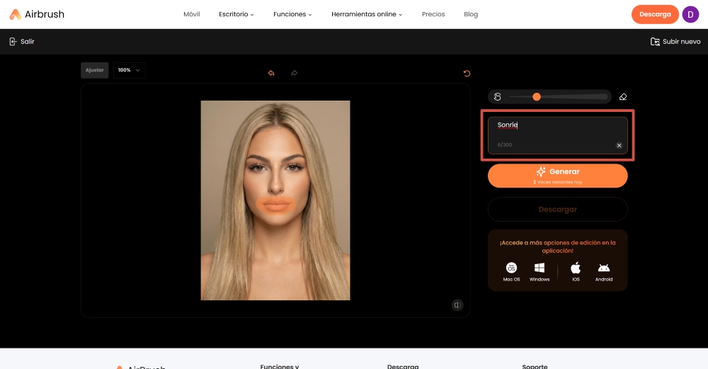 Airbrush Web Screenshot ES - add smile ai replacer prompt smile