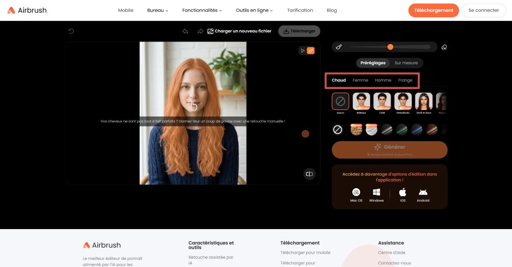 Airbrush Web Screenshot FR - change hairstyle choose the mode