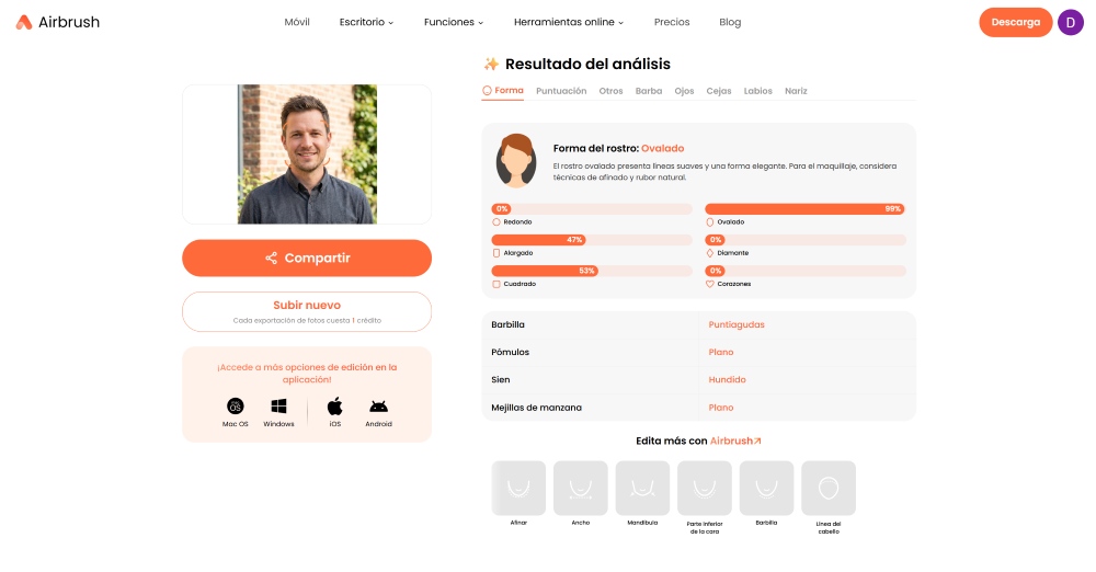 Airbrush Web Screenshot ES - nose shape face shape detector result