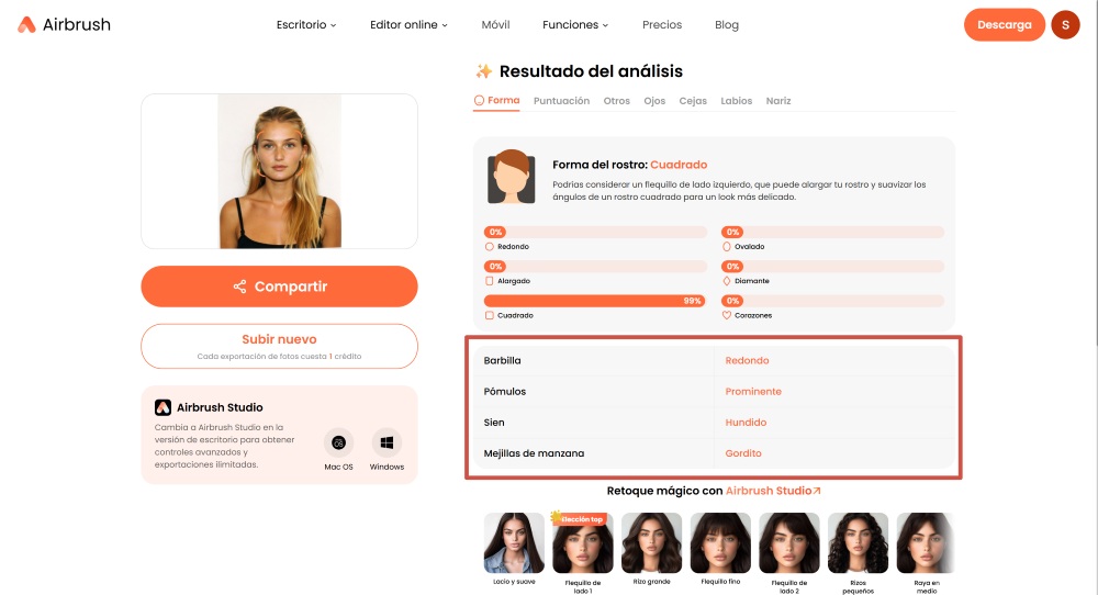 Airbrush Web Screenshot ES - face shape detector analysis of cheekbones and jaw