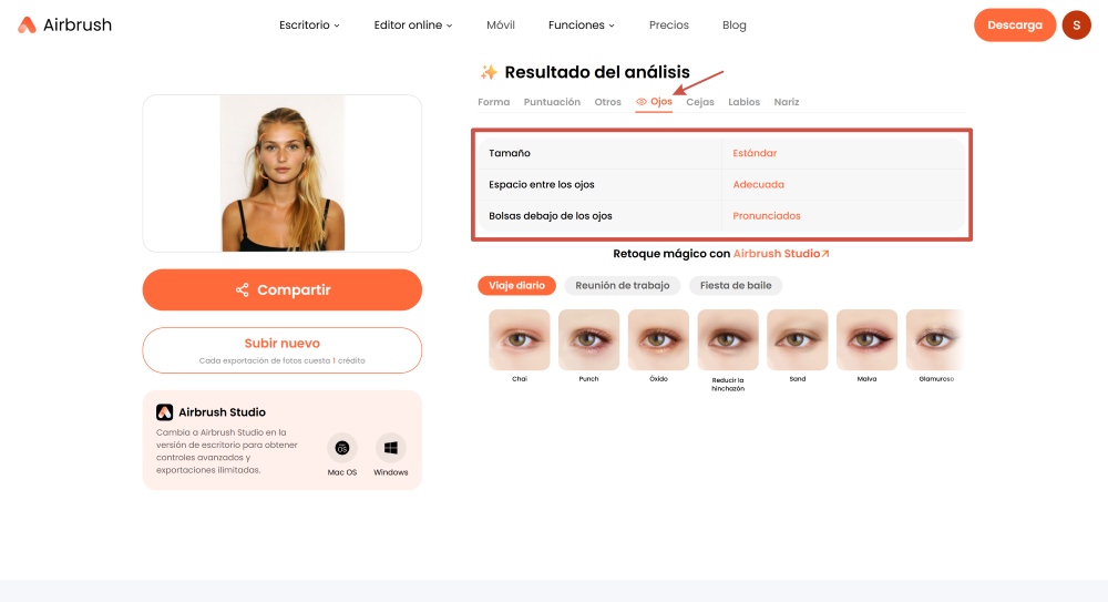 Airbrush Web Screenshot ES - face shape detector analysis of eyes