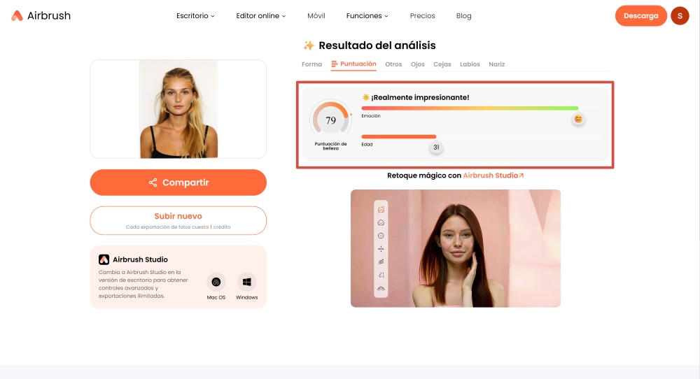 Airbrush Web Screenshot ES - face shape detector beauty score