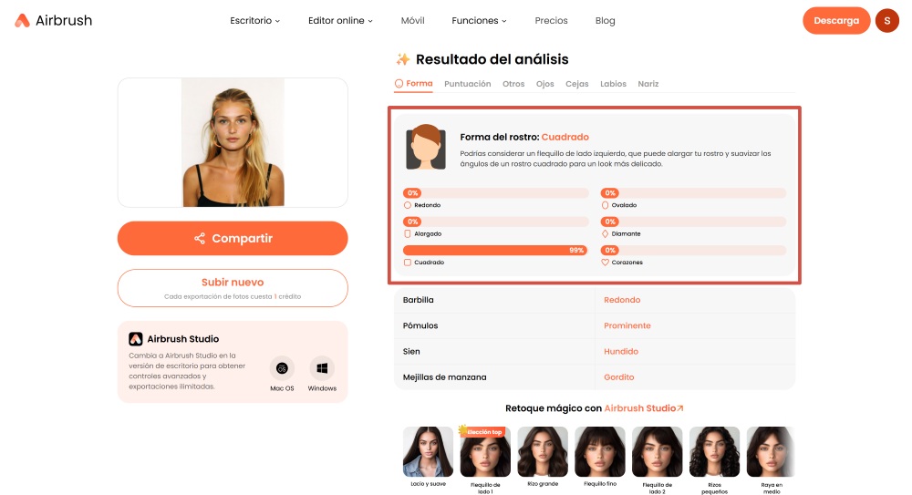 Airbrush Web Screenshot ES - face shape detector shape result