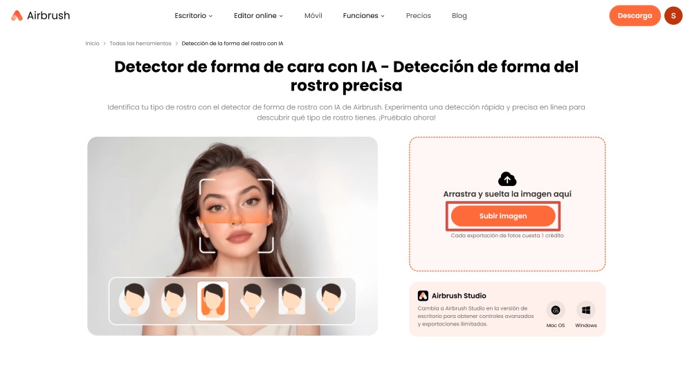 Airbrush Web Screenshot ES - face shape detector upload image