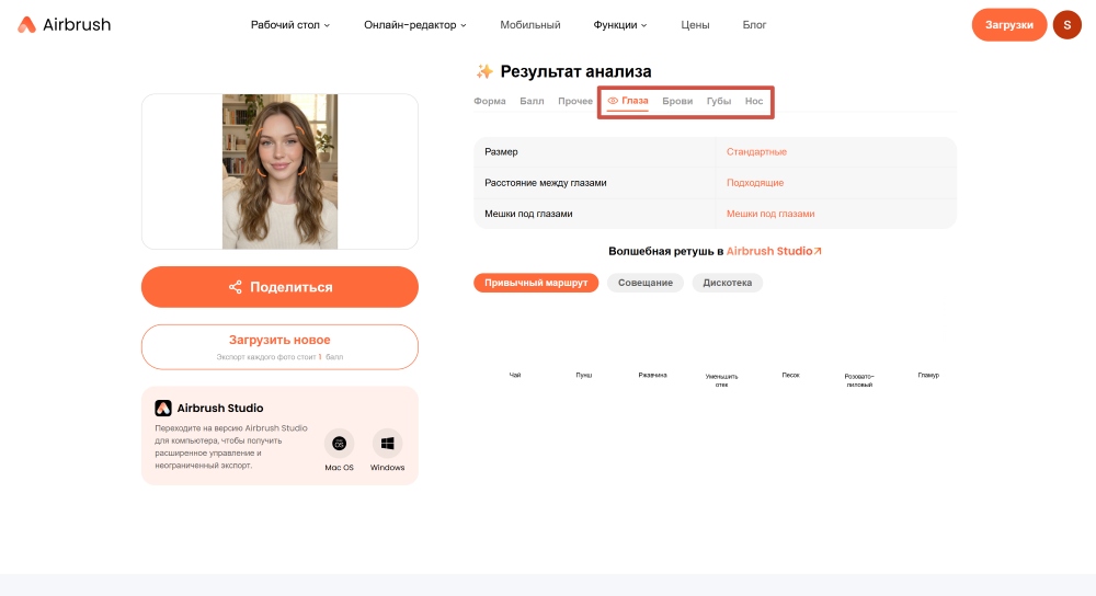Airbrush Web Screenshot RU - face shape detector result eyes lips etc