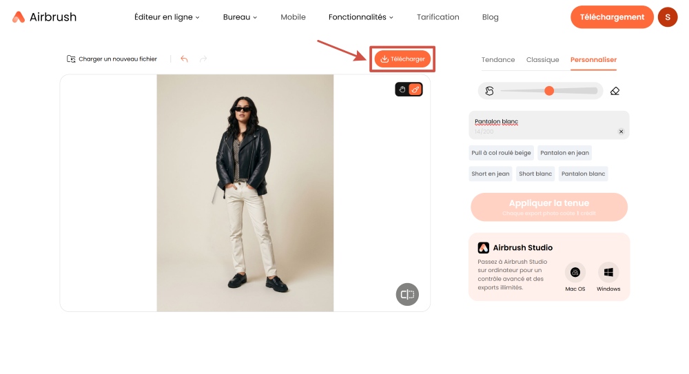 Airbrush Web Screenshot FR - outfit changer customize prompt download the result