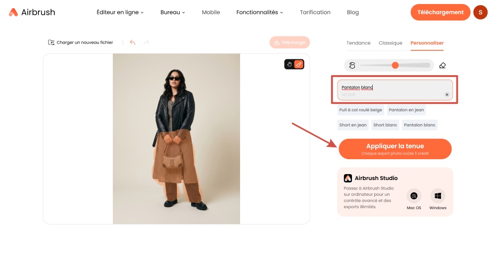 Airbrush Web Screenshot FR - outfit changer customize prompt