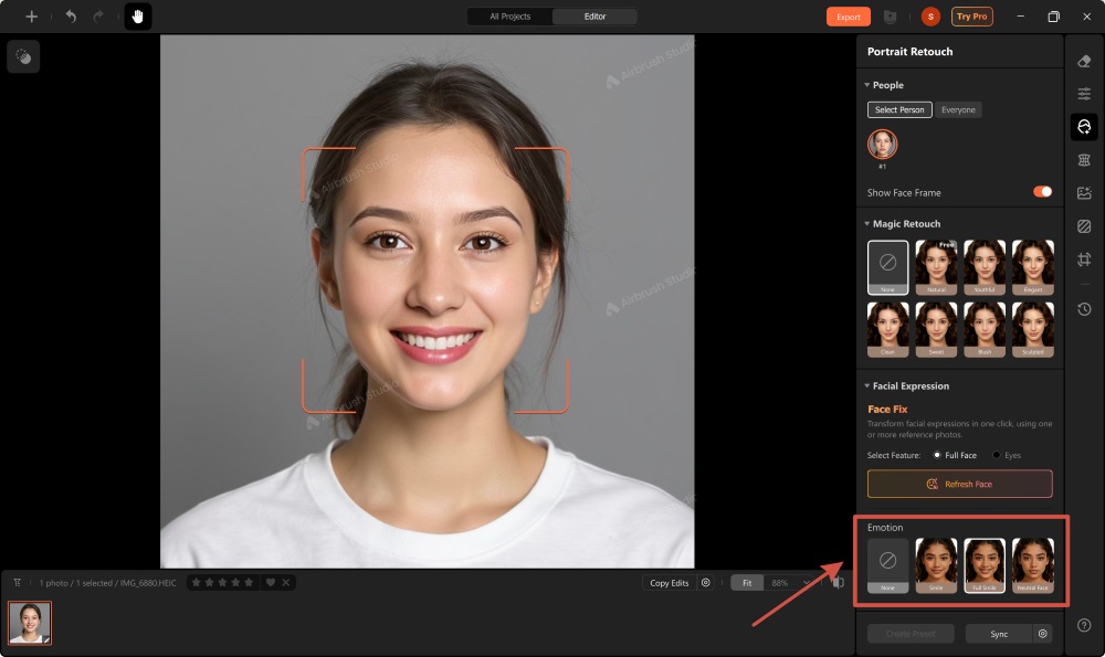 Airbrush Studio Screenshot EN - facial expression tool emotion result