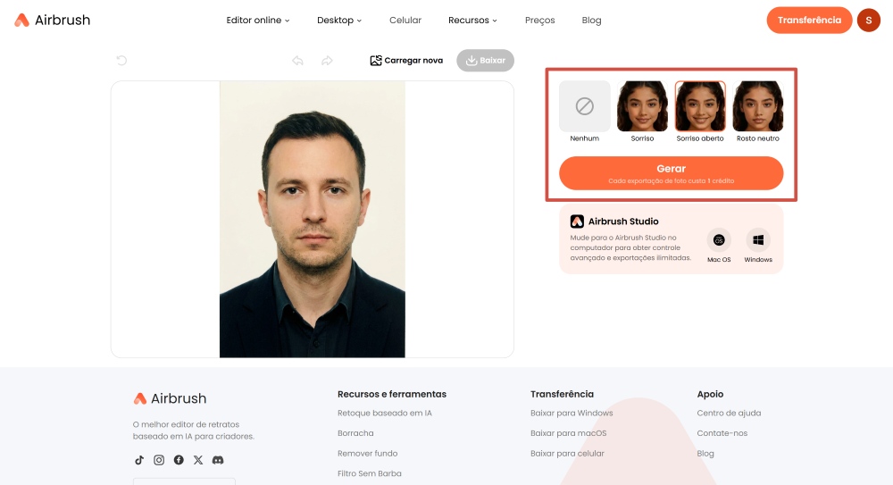 Airbrush Web Screenshot PT - face expression changer options and generate