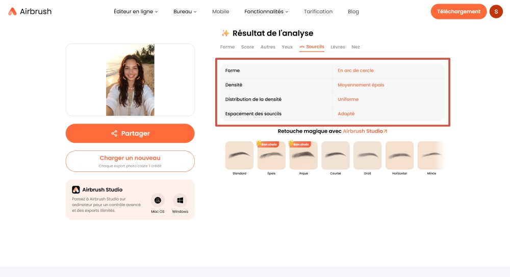 Airbrush Web Screenshot FR - ai face shape detector brows result